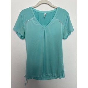 Lucy Small Athletic Top Teal Blue Mesh Short Sleeve Drawstring Reflective Strips